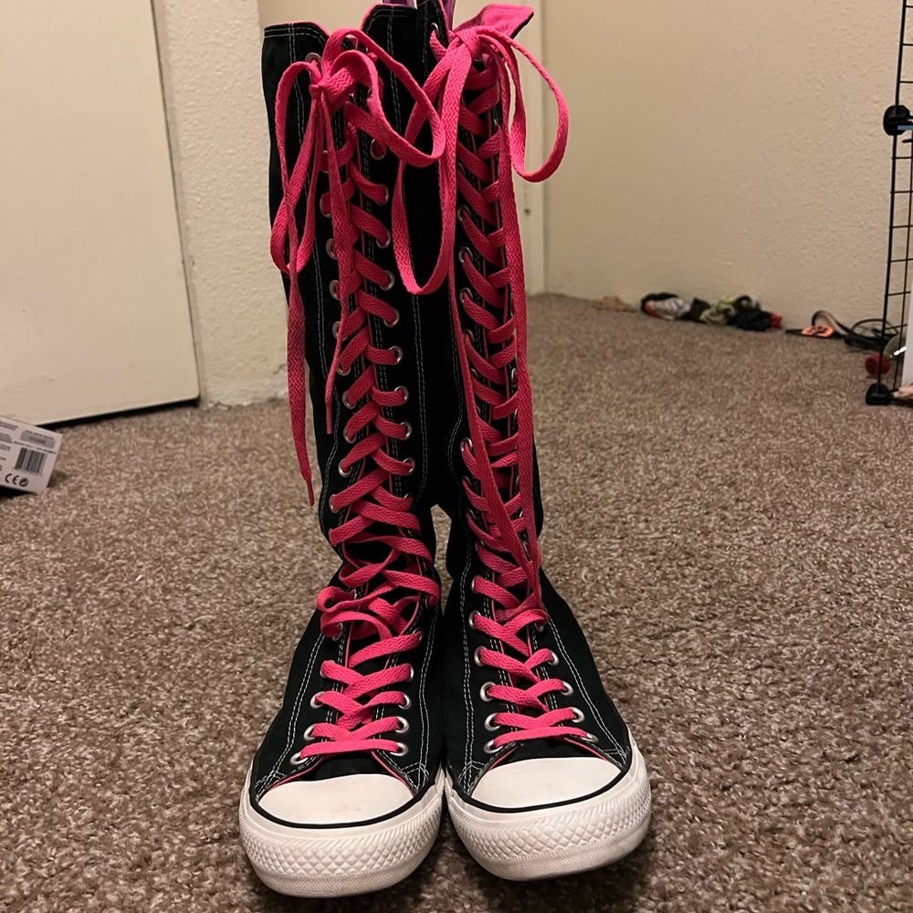 Black Converse Boots with Pink Laces, Size 9